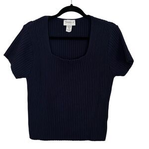 Vtg Tribeca Studio Women’s L Y2K Navy Ribbed Short Sleeve Sweater Preppy Basic